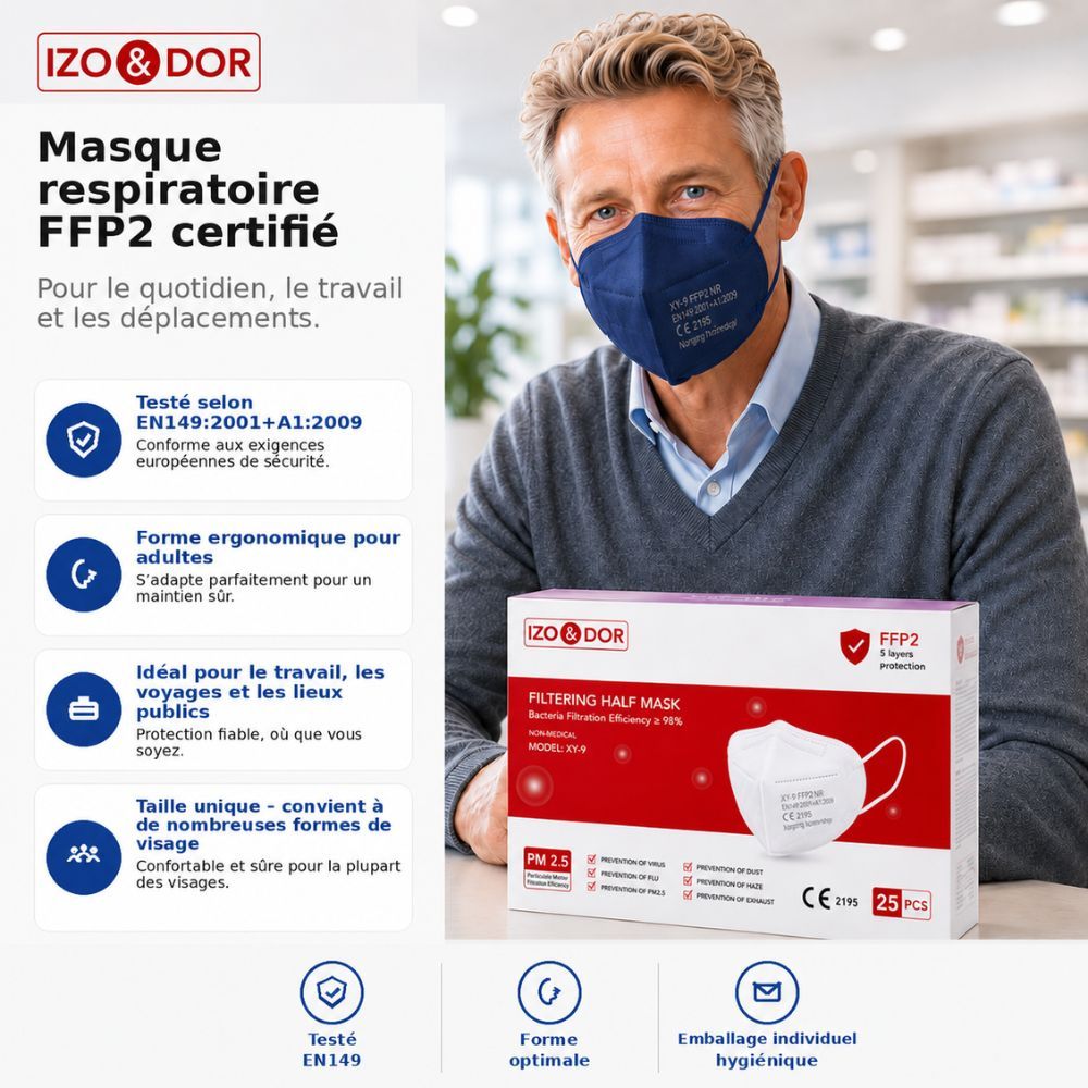 Femme portant un masque FFP2 bleu foncé. Emballage montre protection 5 couches, CE 2195.