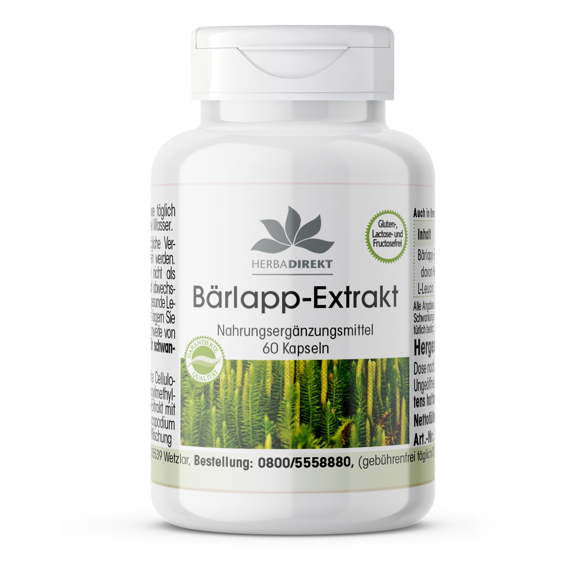 Flacon blanc de gélules. Inscription: Bärlapp-Extrakt, 60 gélules. Logo Herbadirekt. Sans gluten, lactose et fructose.
