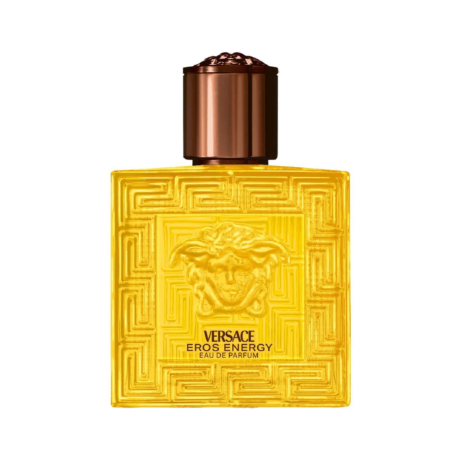 Flacon jaune Versace Eros Energy EdP. Forme carrée, logo Méduse en relief et motif géométrique. Bouchon marron.
