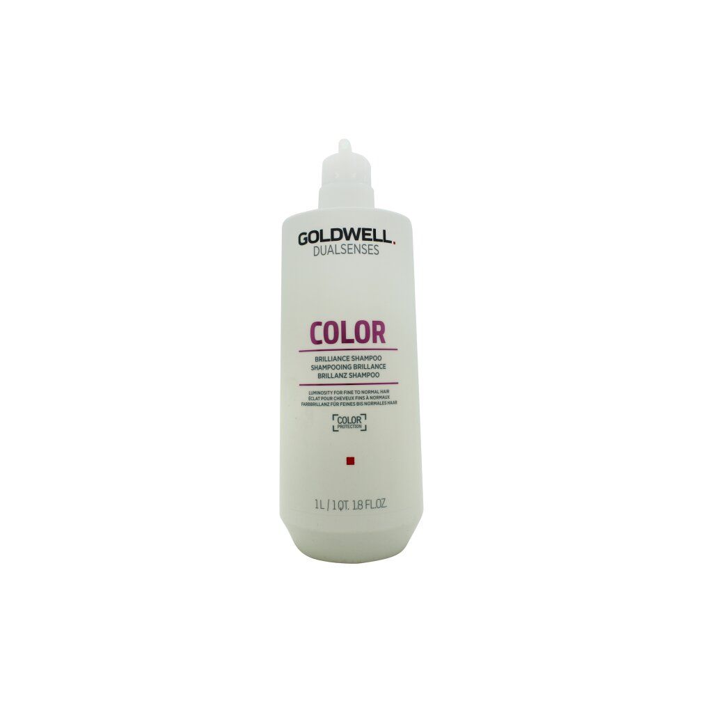 Witte Goldwell Dualsenses Color Brilliance Shampoo fles. Tekst: COLOR, Brilliance Shampoo. 1L/1Qt 1.8 fl.oz.