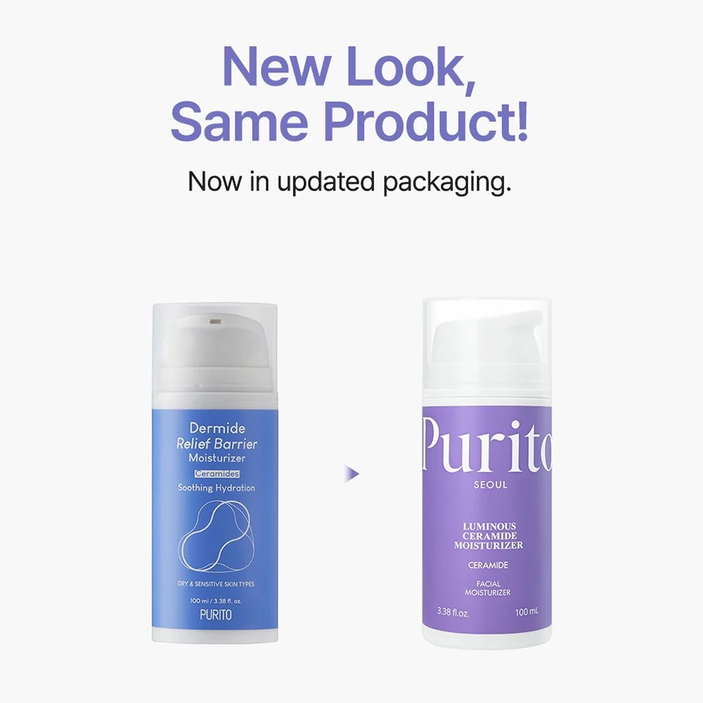 Vergelijking van twee crème dispensers. Links: Dermide Relief Barrier Moisturizer. Rechts: Purito Seoul Luminous Ceramide Moisturizer. Nieuwe verpakking.