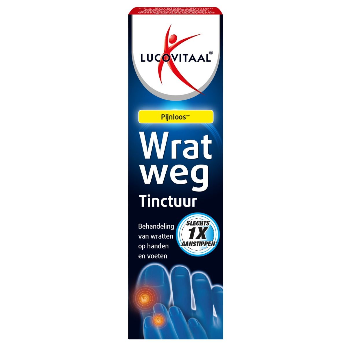 Emballage de Lucovitaal Wrat weg. Texte principal : Wrat weg Tinctuur. Traitement des verrues sur les mains et les pieds. Logo.