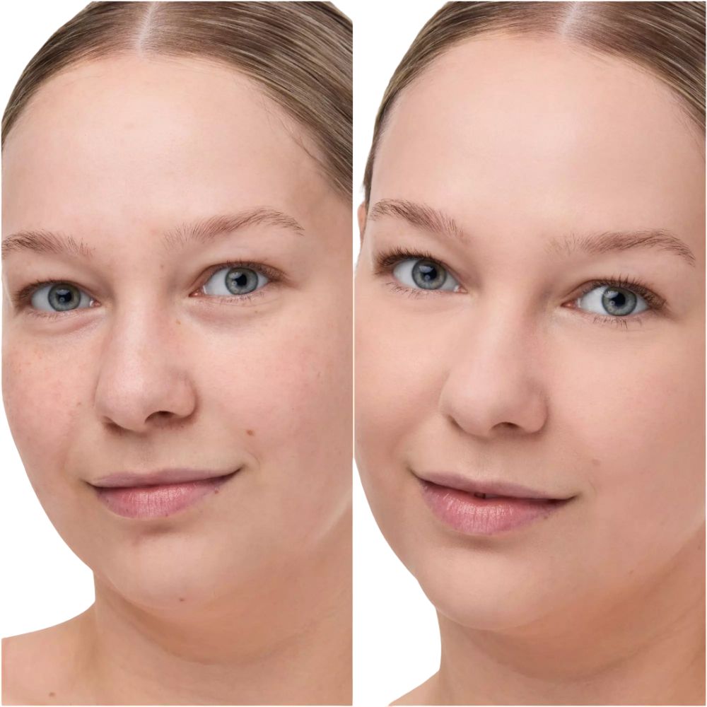 Visage avec et sans maquillage. Gauche: peau avec imperfections. Droite: peau maquillée, plus uniforme.