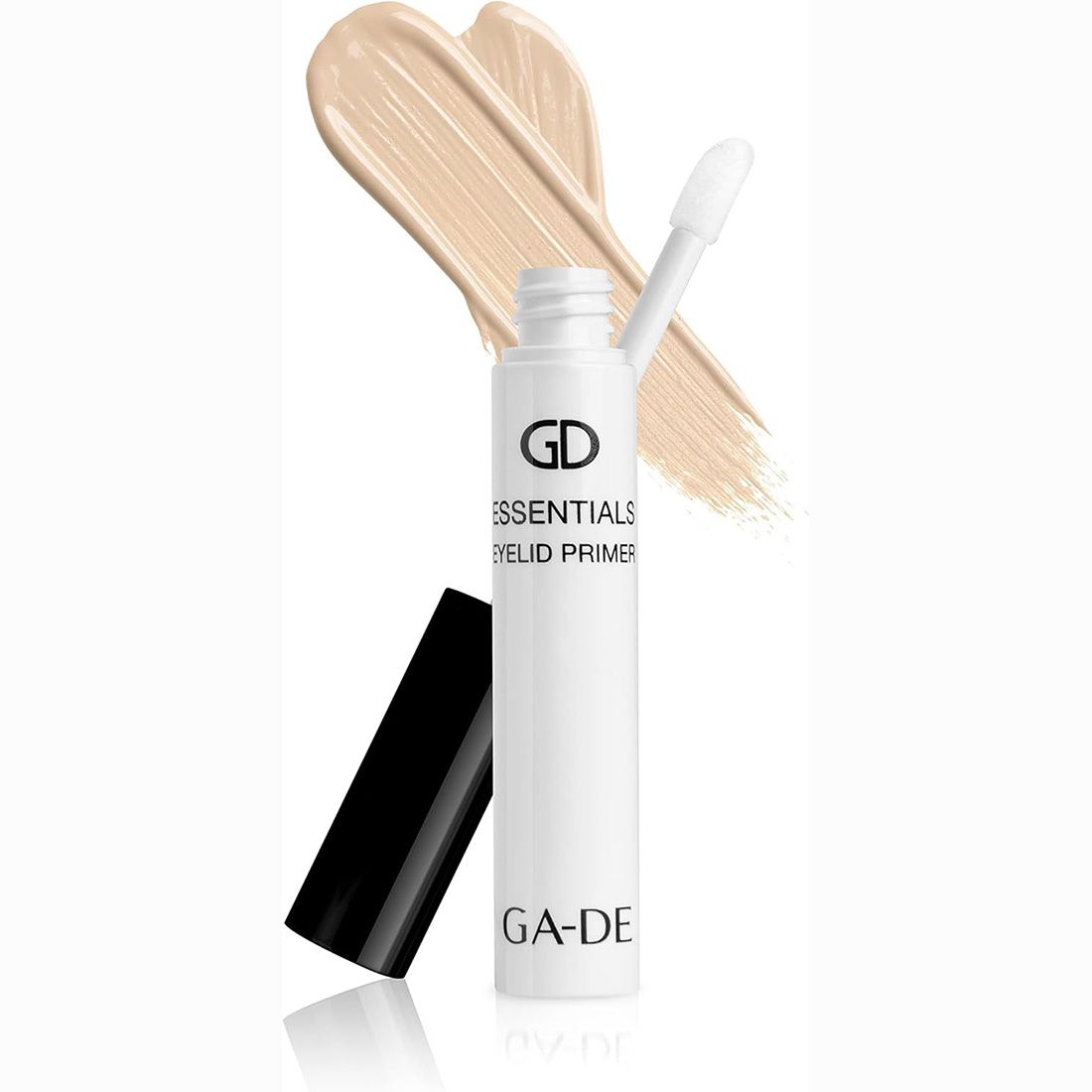 Tube ouvert avec applicateur et trace de produit. Inscription: GD Essentials Eyelid Primer. Marque: GA-DE.