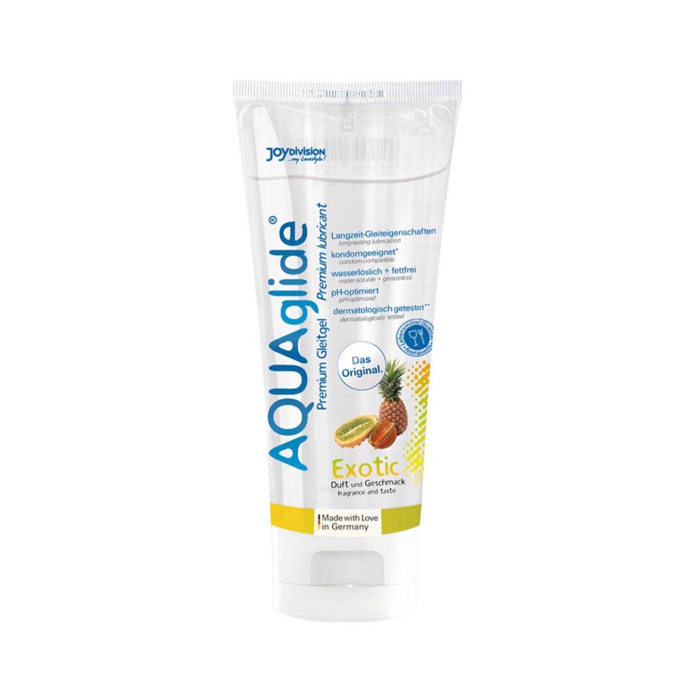 Transparante tube met blauwe tekst AQUAglide en 'Exotic'. Afbeeldingen van kiwi en ananas. 'Das Original'.