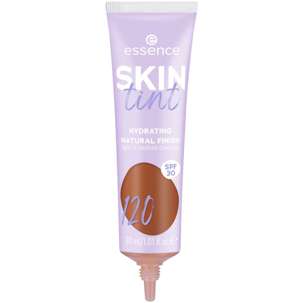 Tube lilas Essence Skin Tint, teinte 120, SPF 30. Contenance 30 ml.