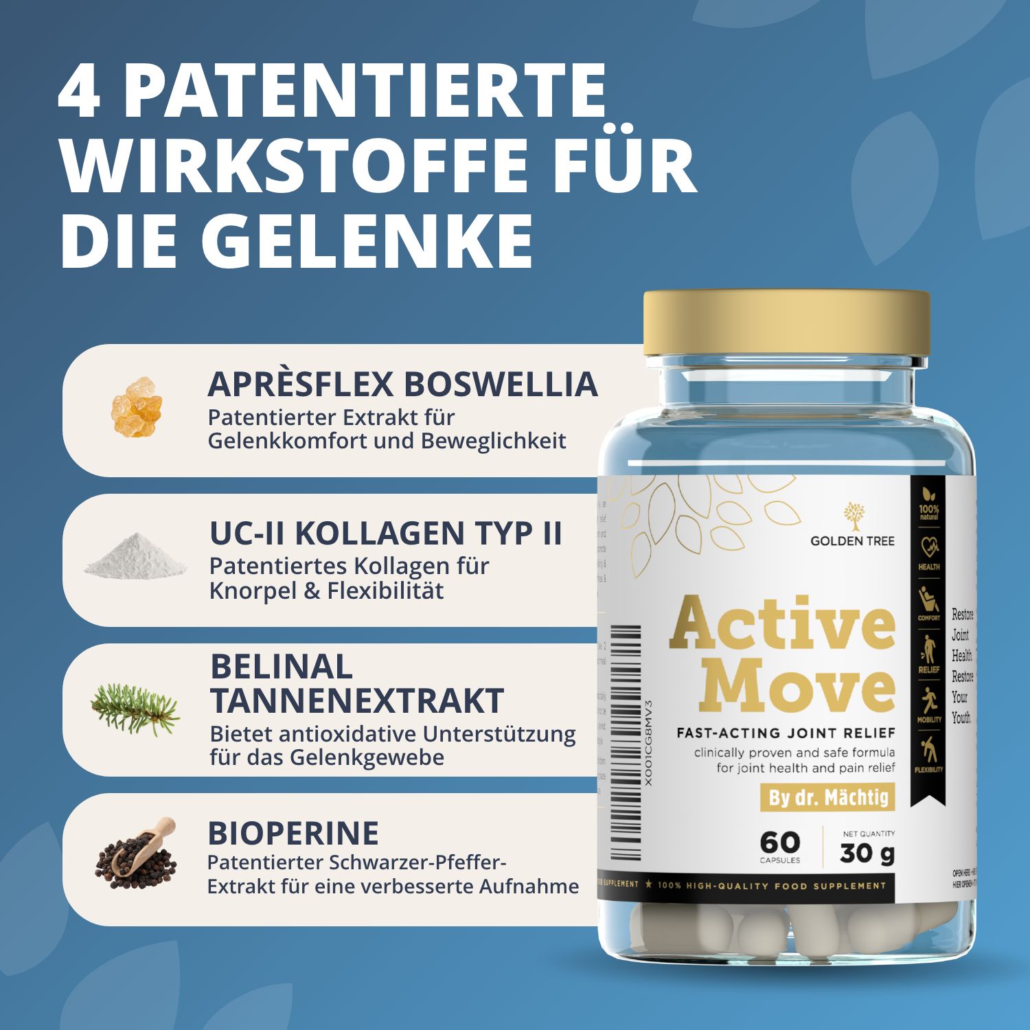 Bouteille Golden Tree Active Move avec liste de 4 ingrédients actifs brevetés pour les articulations : Aprèsflex Boswellia, Collagène UC-II, Extrait de sapin Belinal, Biopérine.