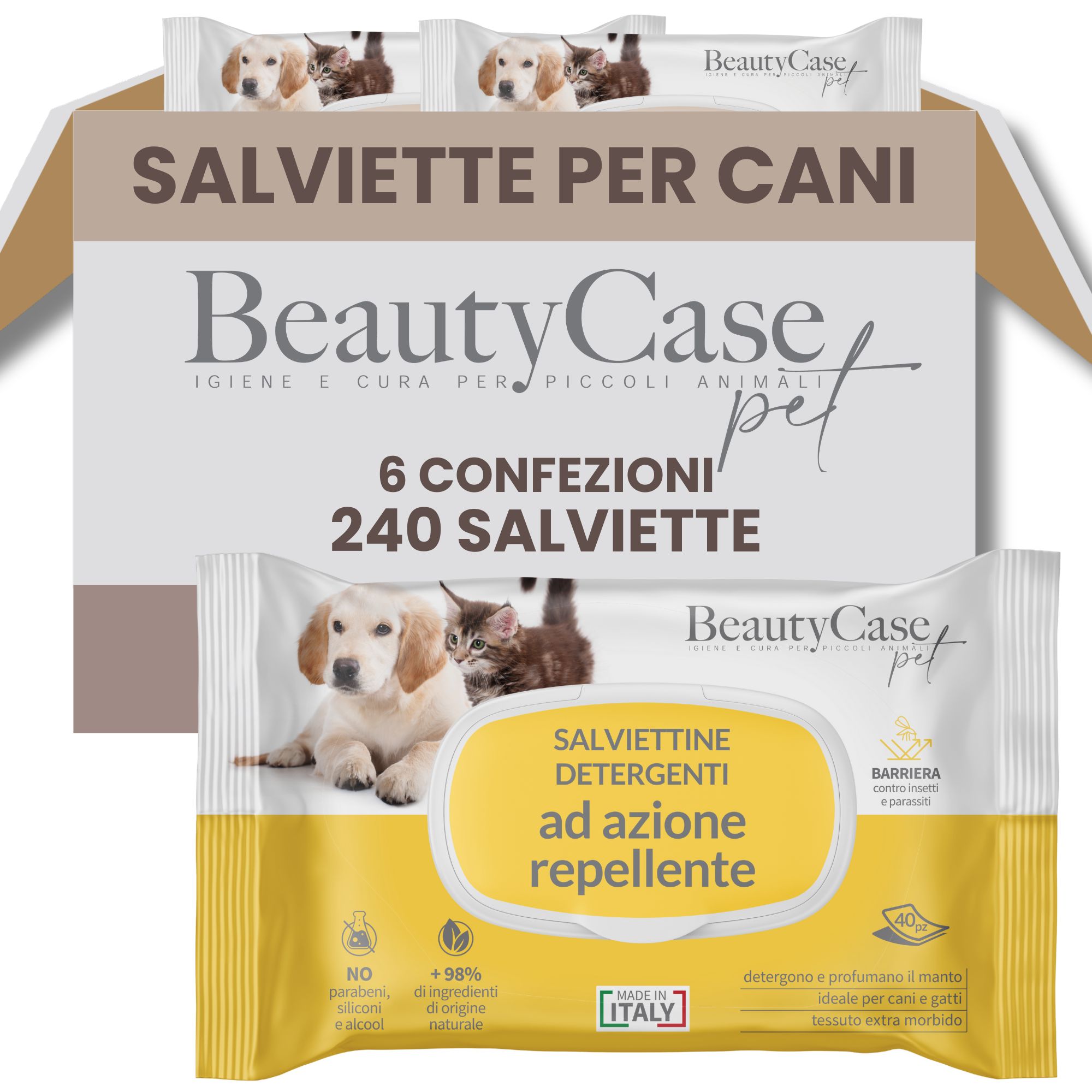 Boîte de 6 paquets de lingettes nettoyantes répulsives pour animaux. Marque BeautyCase pet. 240 lingettes. Emballage jaune.