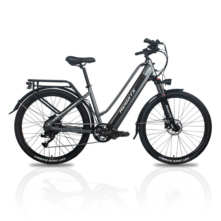 Vélo électrique gris avec cadre noir. Inscription 'Hedatx' sur le cadre. Porte-bagages et garde-boue.