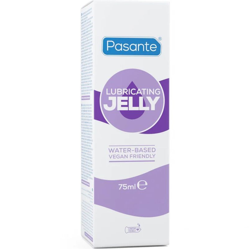 Boîte blanche avec informations produit. Devant: marque Pasante, cercle violet avec "Lubricating Jelly", dessous "Water-Based Vegan Friendly".