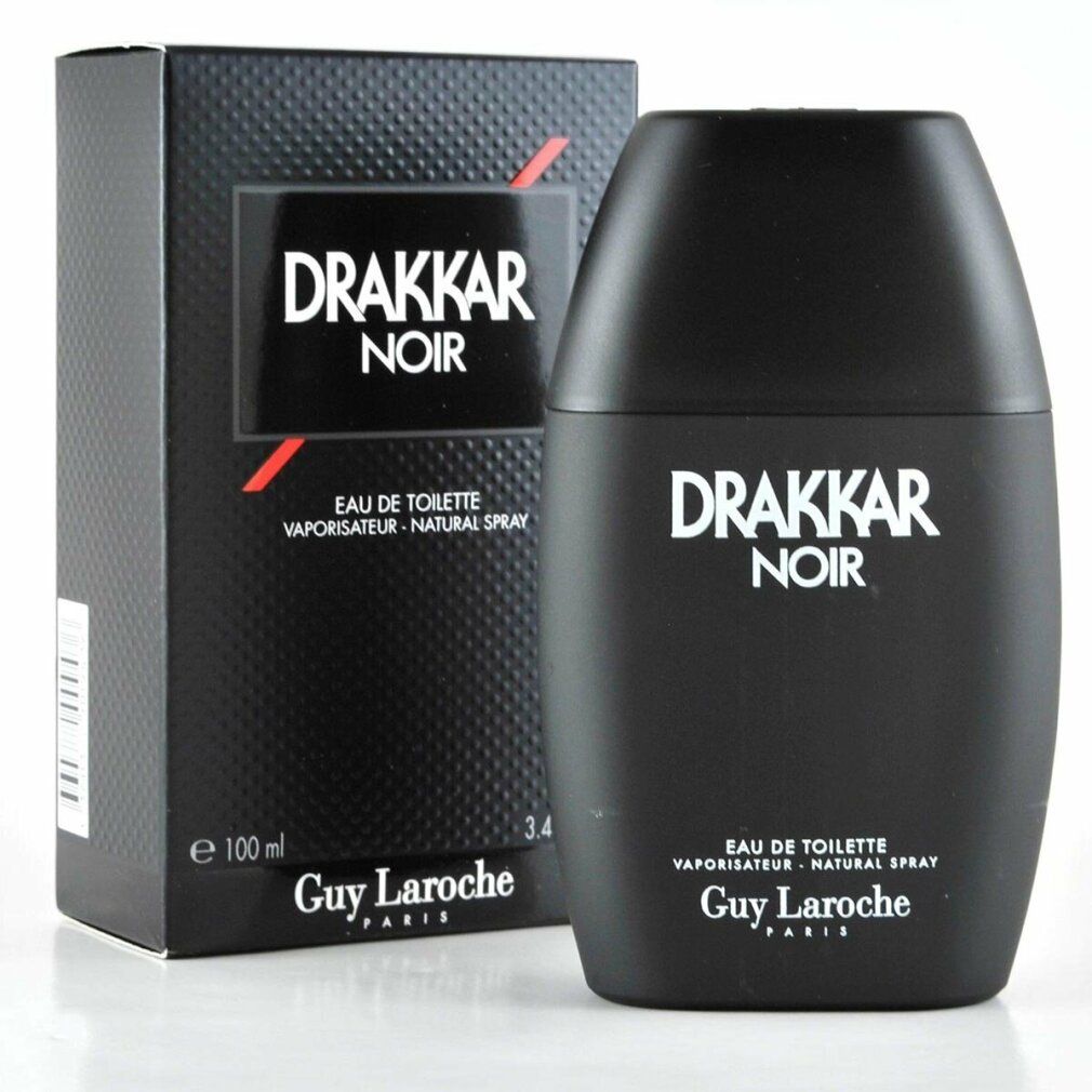 Flacon et boîte Drakkar Noir. Flacon noir, forme ovale. Boîte avec logo et texte. Eau de Toilette. Guy Laroche.