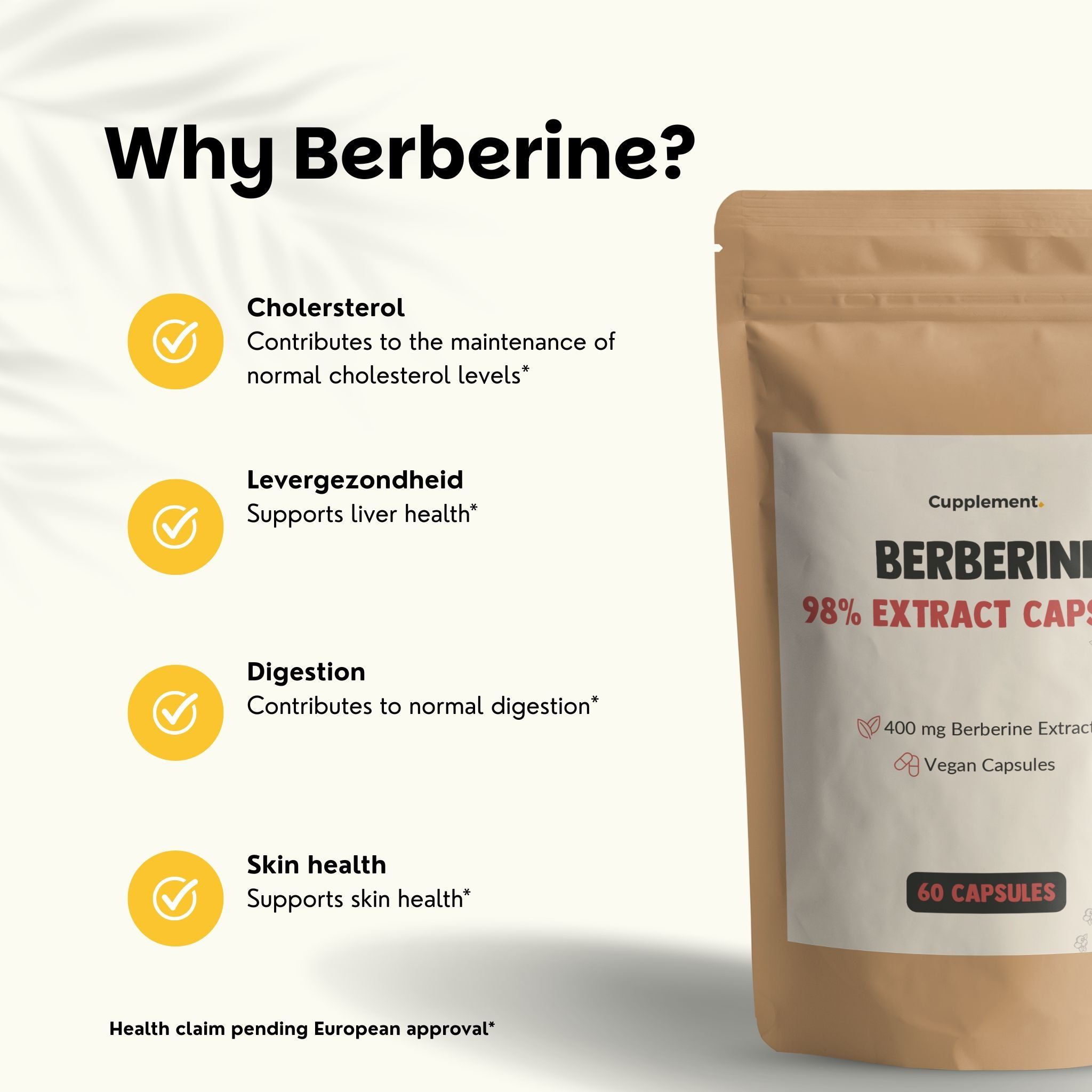 Texte avec des informations sur la berbérine. Sachet de gélules de berbérine Cupplement.