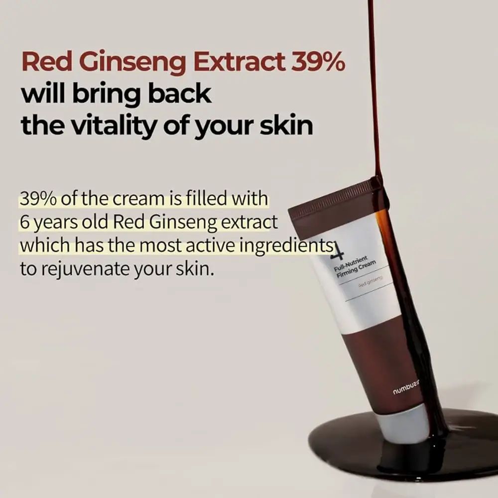 Texte : Red Ginseng Extract 39% will bring back the vitality of your skin. Tube de crème, marron-argenté. Marque : numbuz:in.