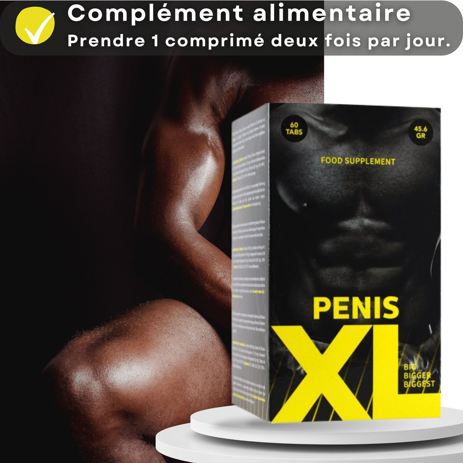 Boîte avec inscription PENIS XL. Ingrédients: L-Arginine, Tribulus, Muira Puama. Texte en allemand, anglais et portugais.
