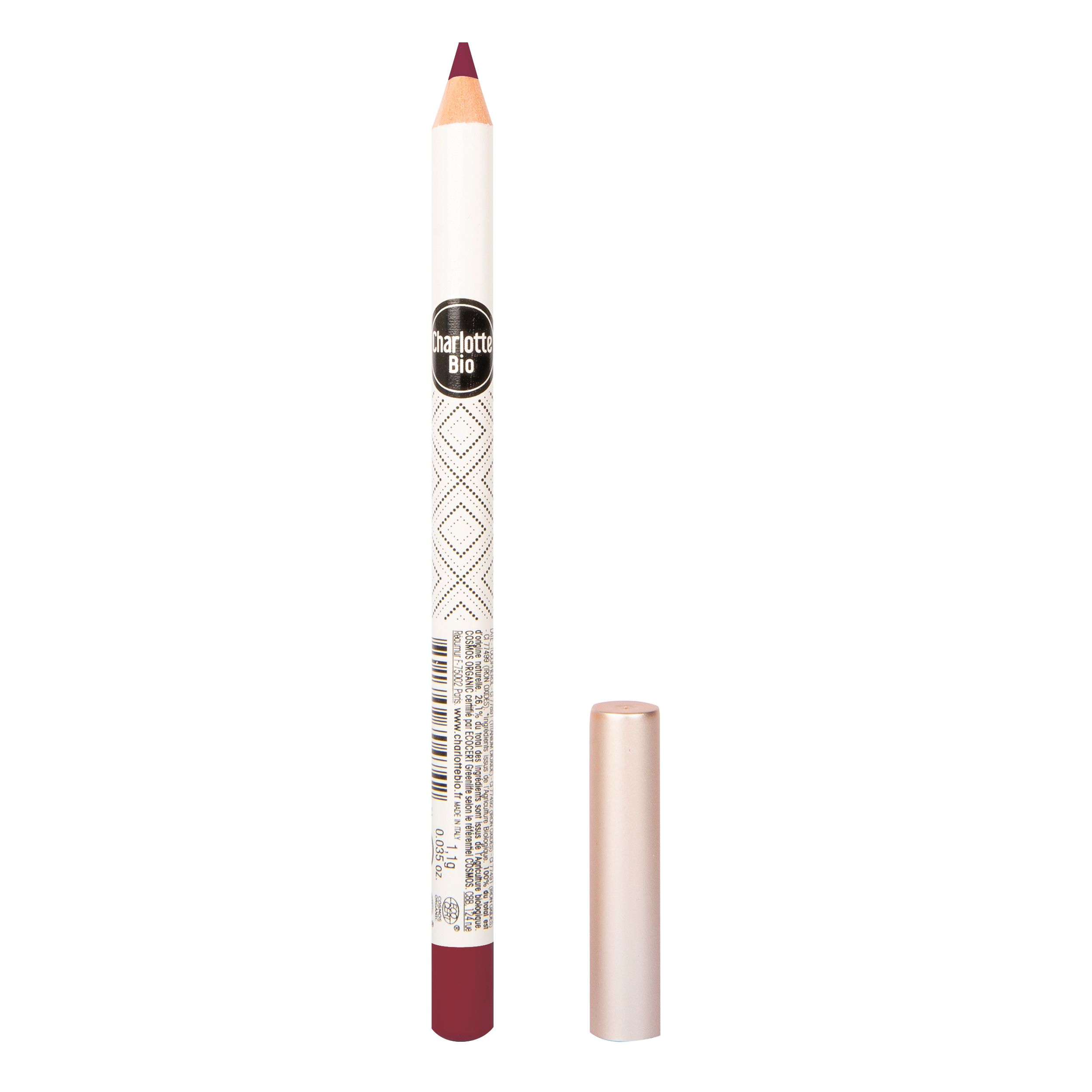 Lipliner met dop. Witte potlood met zwart logo. Punt en uiteinde donkerrood. Dop lichtroze.