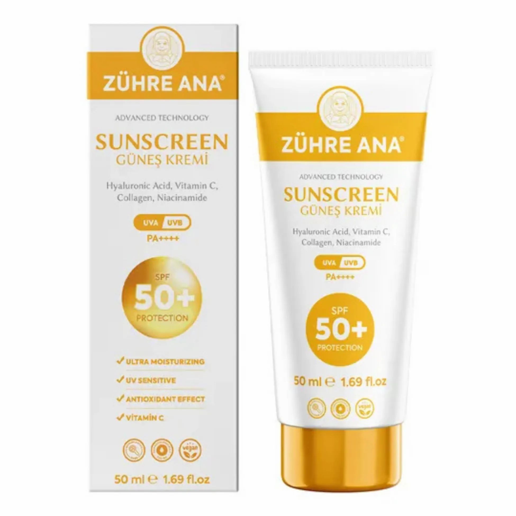 Zonnecrèmetube en verpakking. Wit, geel en oranje. Tekst: Zühre Ana, zonnebrandcrème SPF 50+ UVA/UVB.