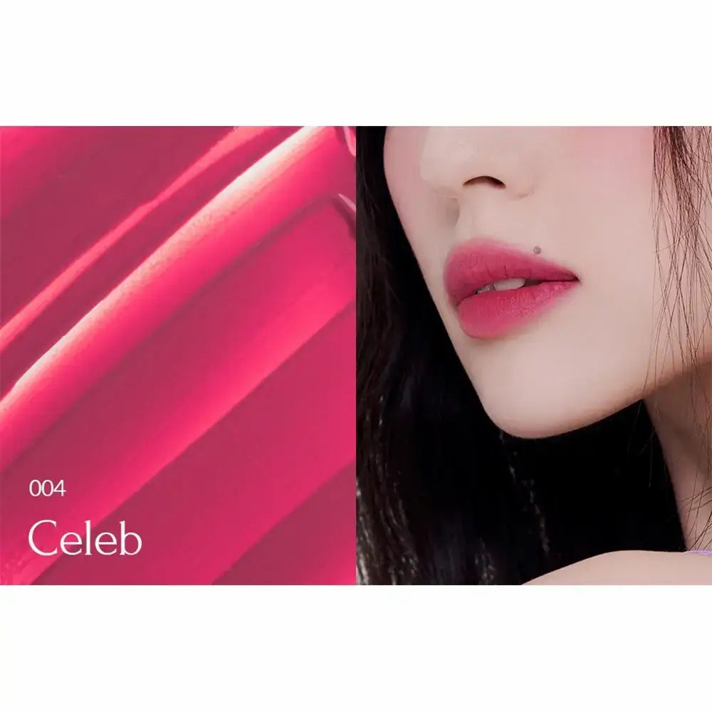 Close-up van lippen met lippenstift. Daarnaast een vlek. Opschrift: 004 Celeb.