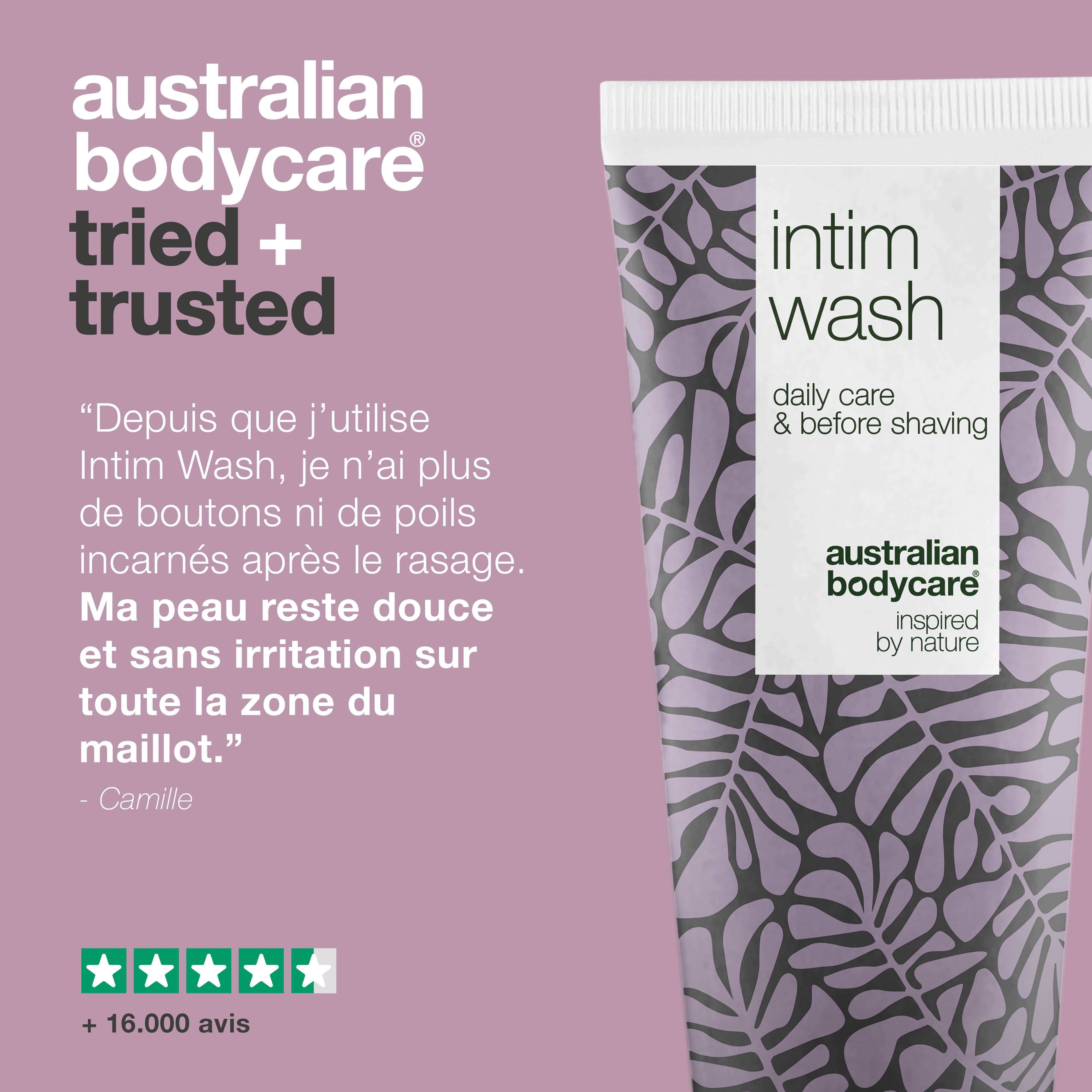 Tube Intim Wash, Australian Bodycare. Texte: Testé et approuvé. Citation: Camille. Évaluation 5 étoiles.
