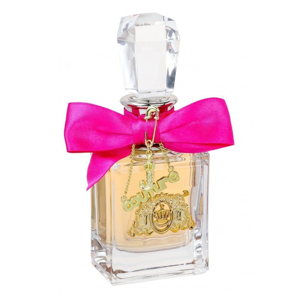 Viva La Juicy Eau de Parfum flesje met roze strik en bedeltjes.
