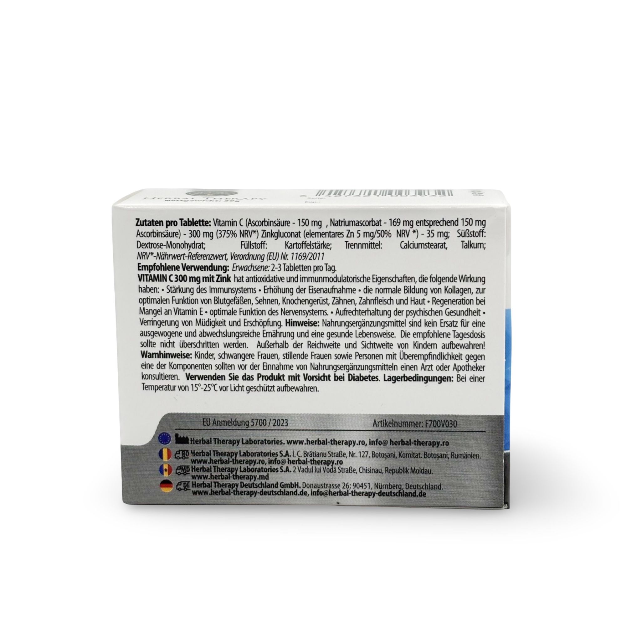 Achterkant van de verpakking "Herbal Therapy VITAMINE C 300 mg avec zinc". Tekst met ingrediënten, gebruik en opslaginstructies.