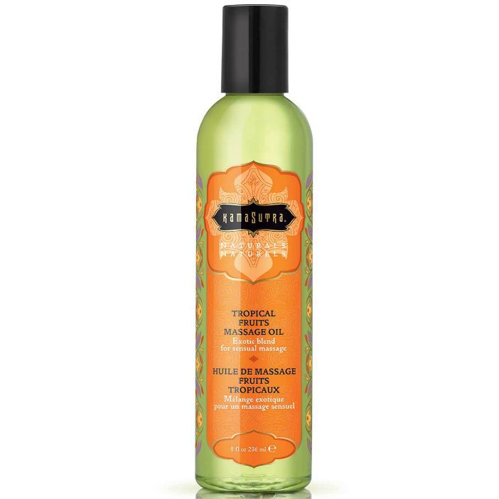 Huile de massage Fruits Tropicaux de Kamasutra Naturals dans une bouteille verte avec un bouchon noir.