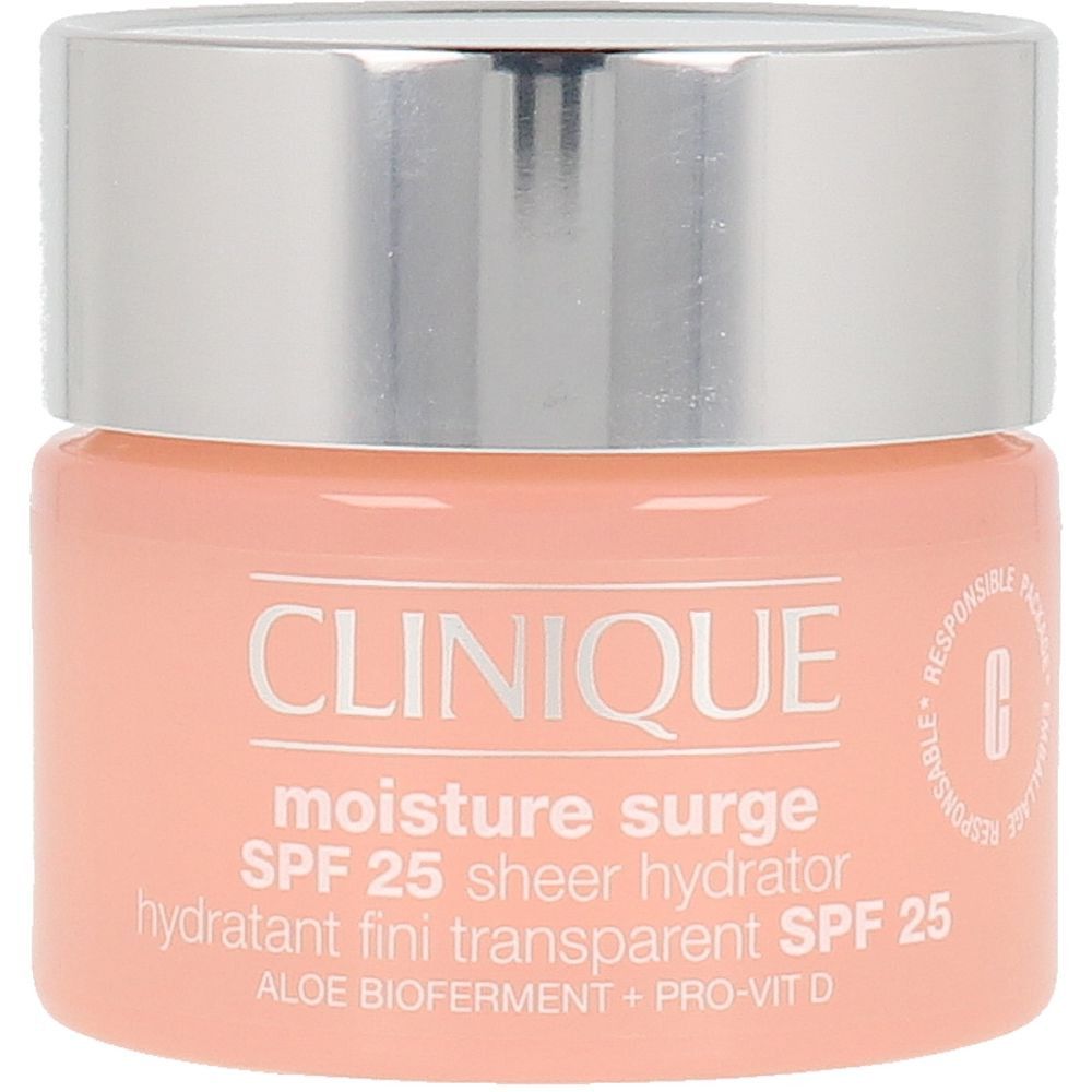 Ronde pot met zilveren deksel. Opschrift: CLINIQUE, moisture surge SPF 25. Roze crème binnenin.