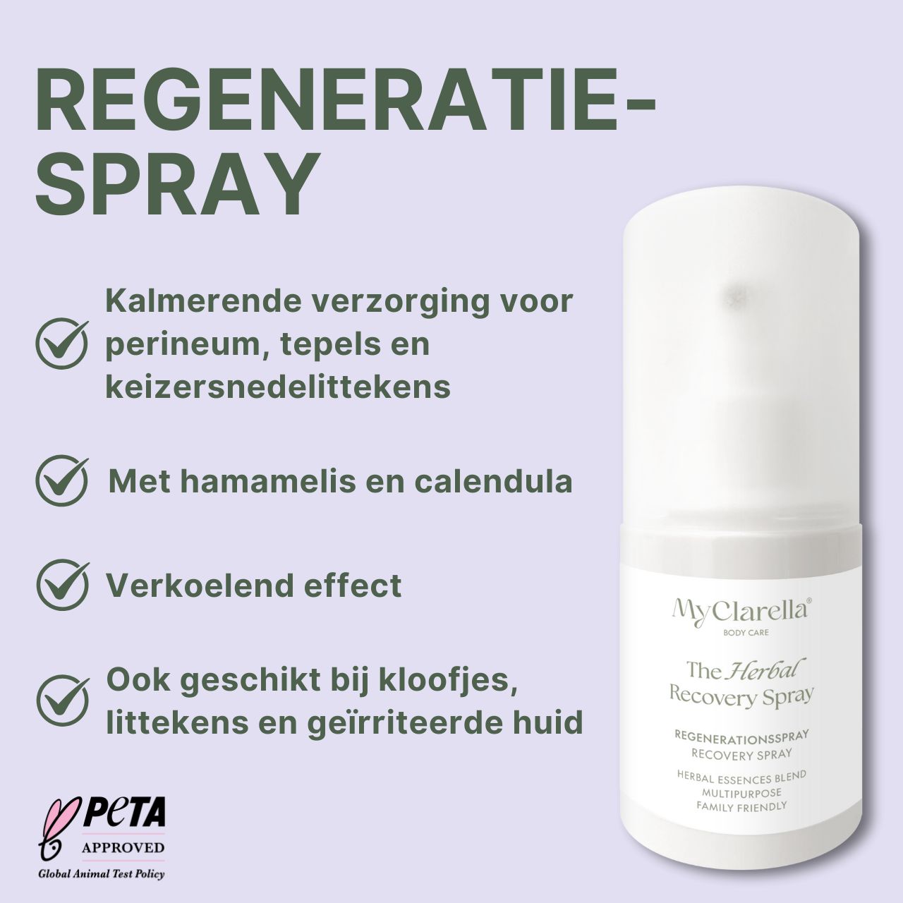 Sprayfles. Tekst: Regeneratie-spray. Voor perineum, tepels, littekens. Met PETA-keurmerk.