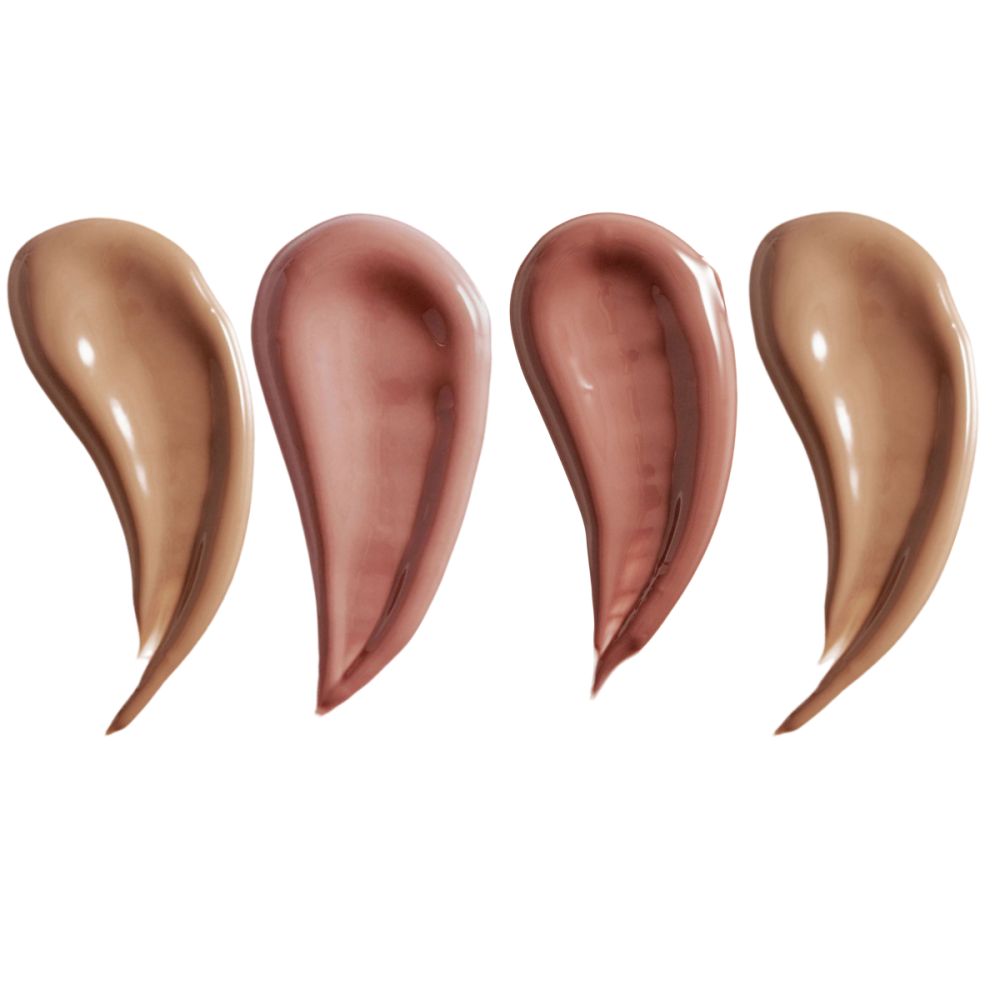 Quatre échantillons de gloss, tons bruns et rosés. Texture brillante, forme ondulée. Fond blanc.