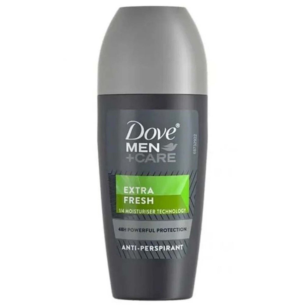 Roll-on déodorant avec bouchon gris. Flacon noir avec Dove Men+Care, Extra Fresh, protection 48h et anti-transpirant.