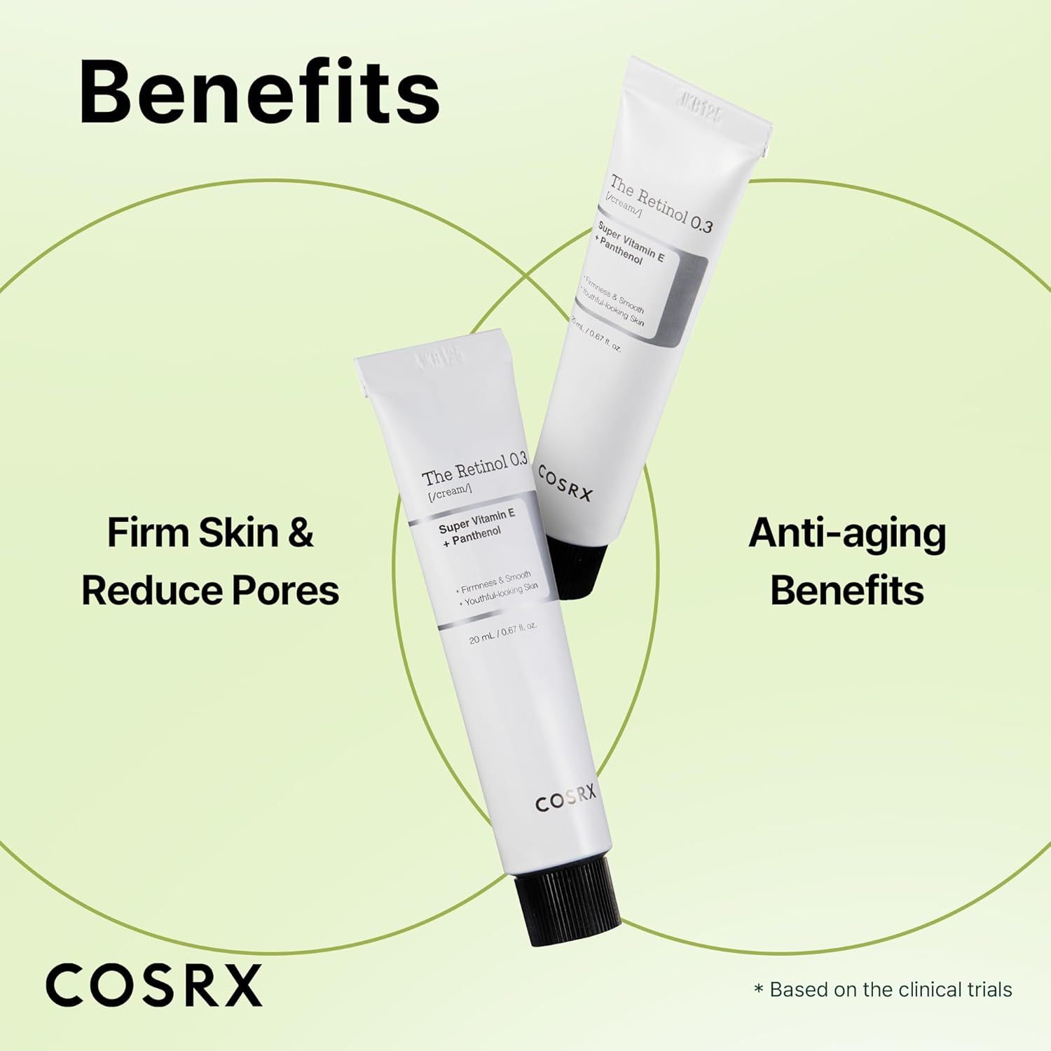 Deux tubes de crème COSRX Retinol 0.3. Avantages : Peau ferme, réduction des pores, anti-âge.