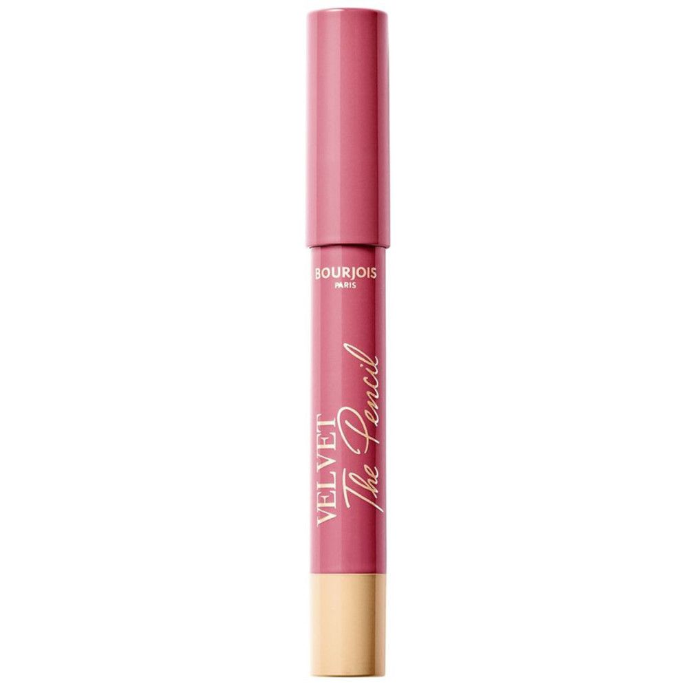 Roze lippenpotlood met gouden basis en dop. Opschrift: Velvet The Pencil.