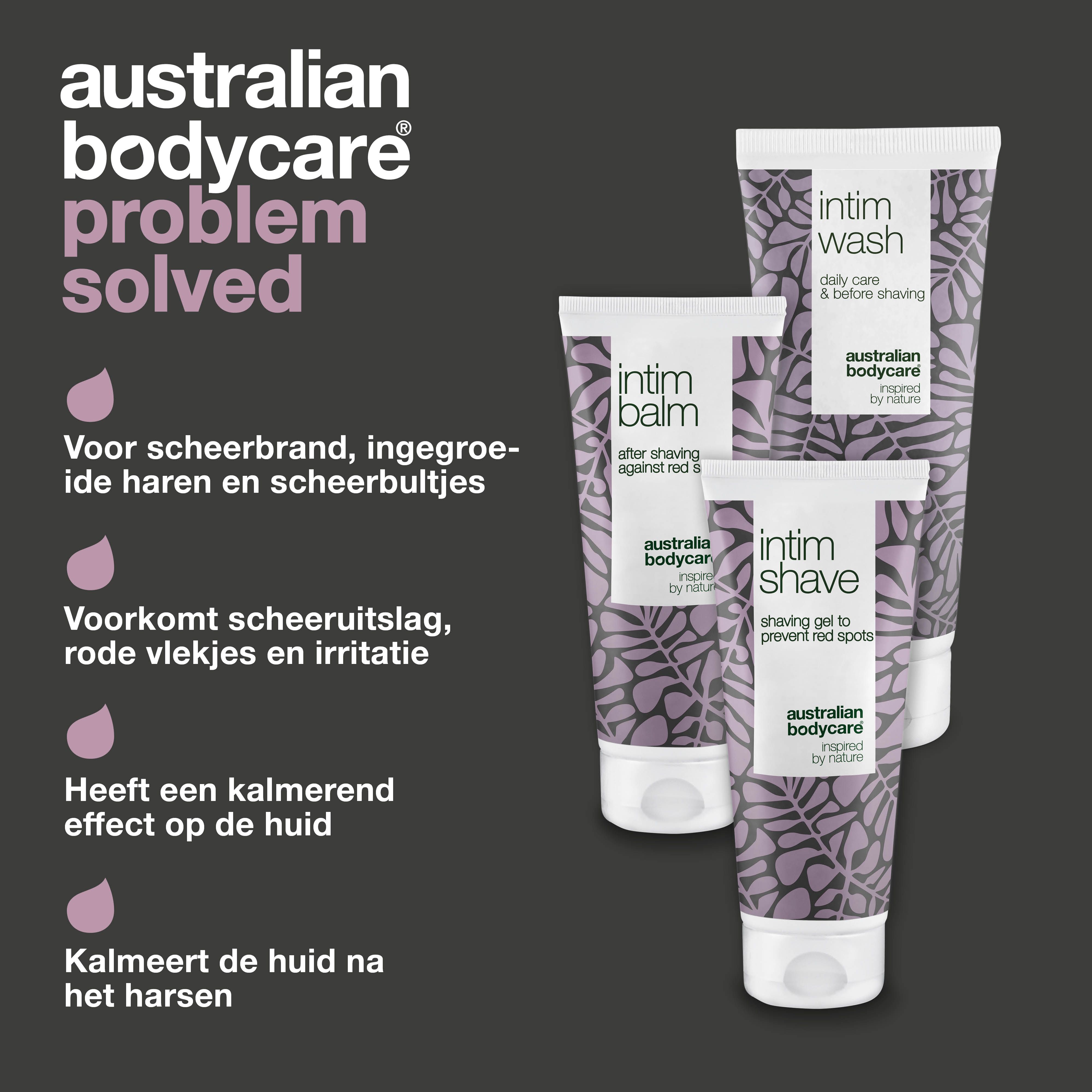 Drie Australian Bodycare Intimrasur producten. Intim Wash, Intim Balm, Intim Shave. Tekst en logo's.