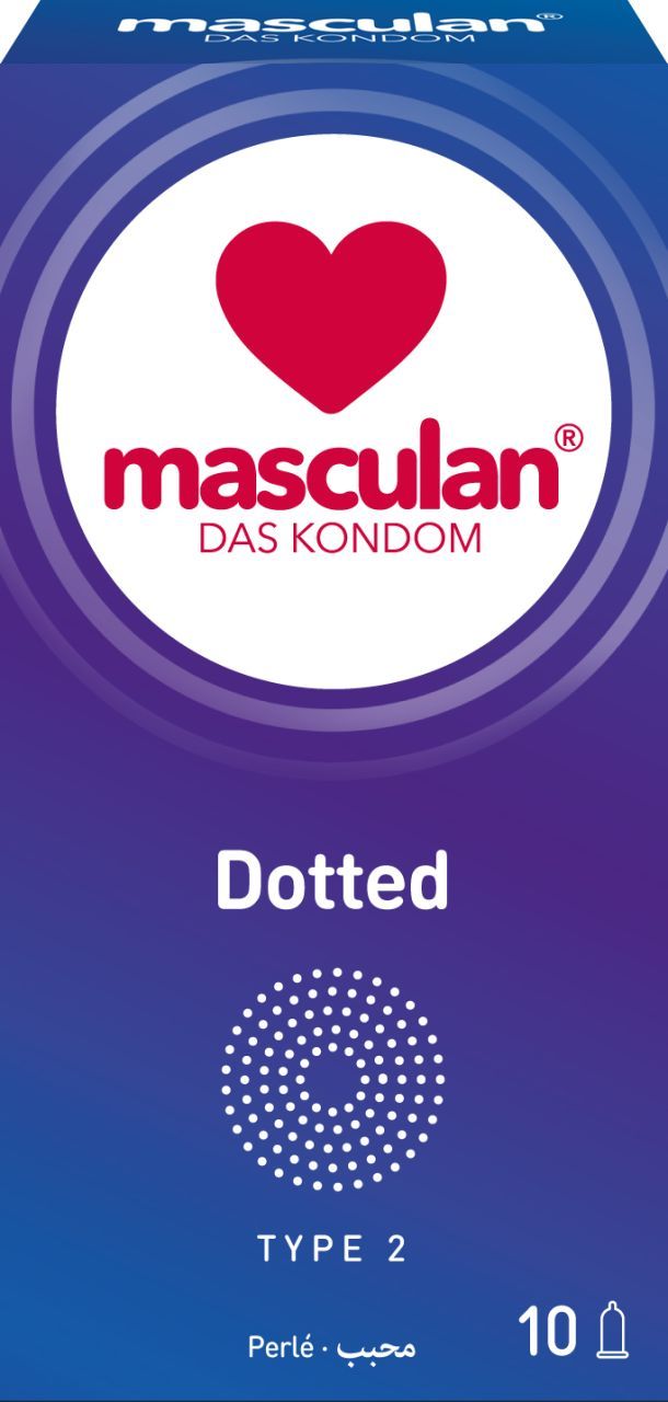 Emballage de préservatifs Masculan Dotted. Logo avec cœur. Inscription "Dotted" et motif pointillé. Contient 10 préservatifs.