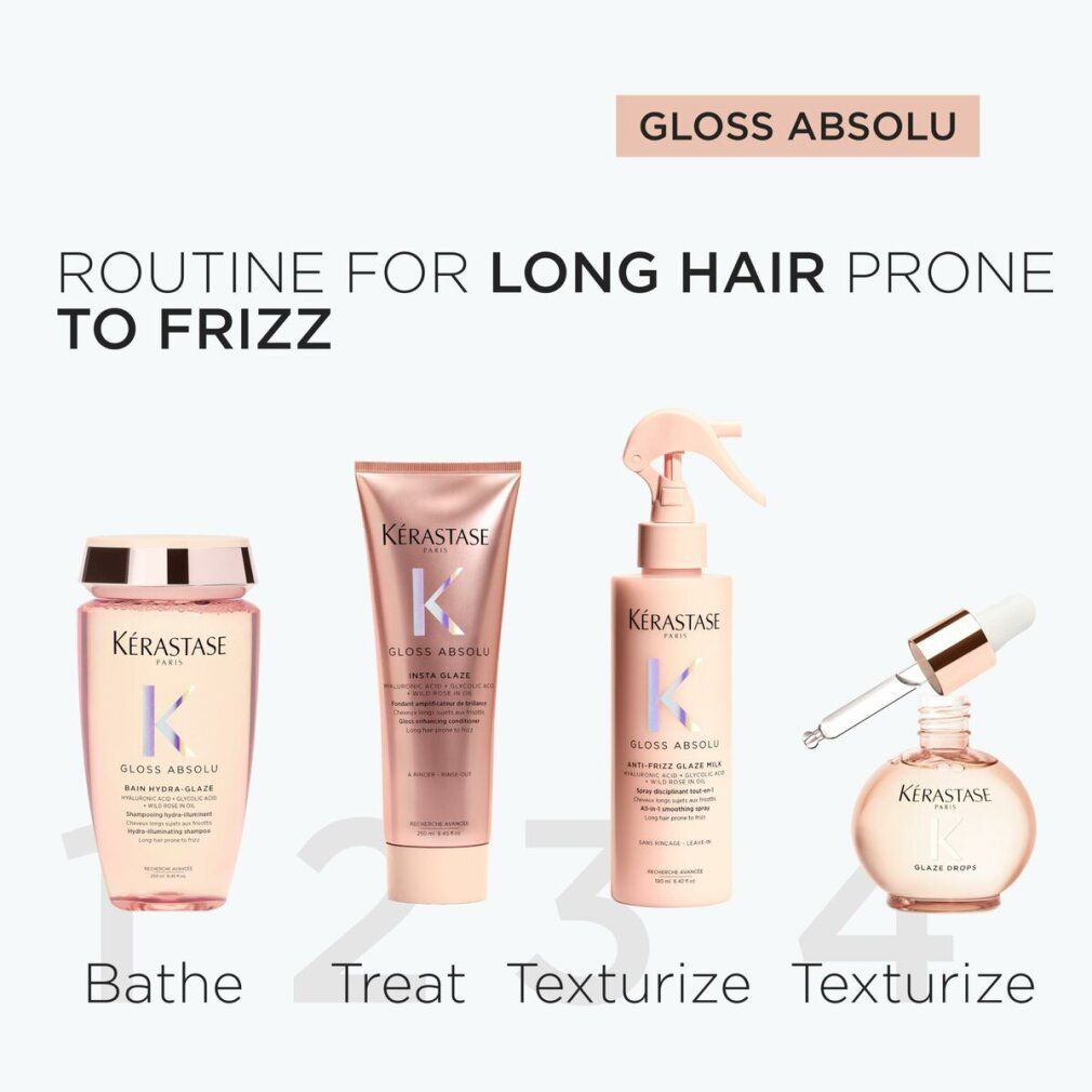 Vier producten: shampoo, conditioner, spray en olie. Roze verpakking. Kérastase-logo. Gloss Absolu-productlijn. Tekst: Routine voor lang haar.