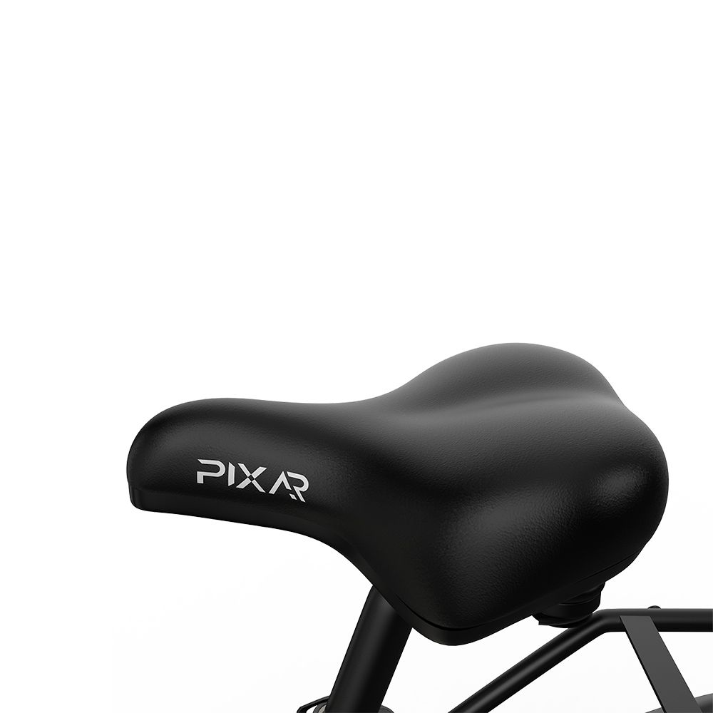 Selle de vélo noire avec logo PIXAR. La selle est montée sur un porte-bagages.
