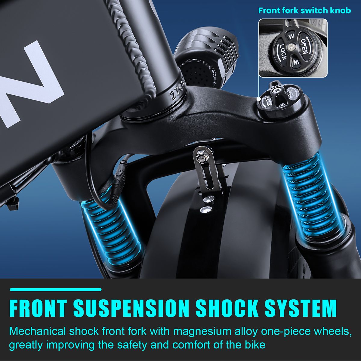 Suspension avant. Fourche avant à amortisseur mécanique en alliage de magnésium. Améliore la sécurité et le confort.