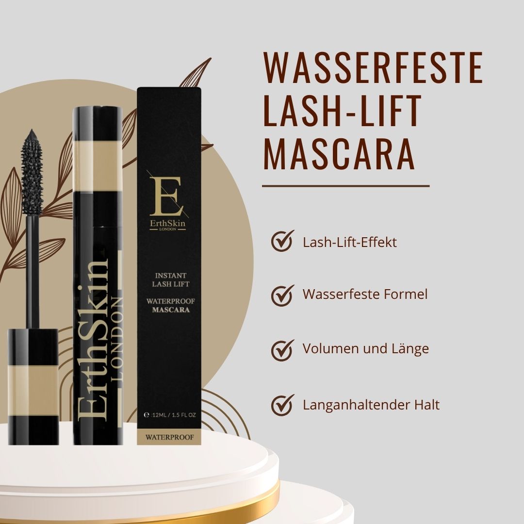 Tube et emballage de mascara avec texte : "Mascara effet lash-lift résistant à l'eau". Listes de contrôle avec avantages.