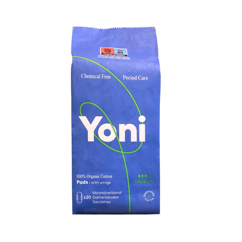 Yoni panty liner verpakking, 100% biologisch katoen, met vleugels, 20 stuks.