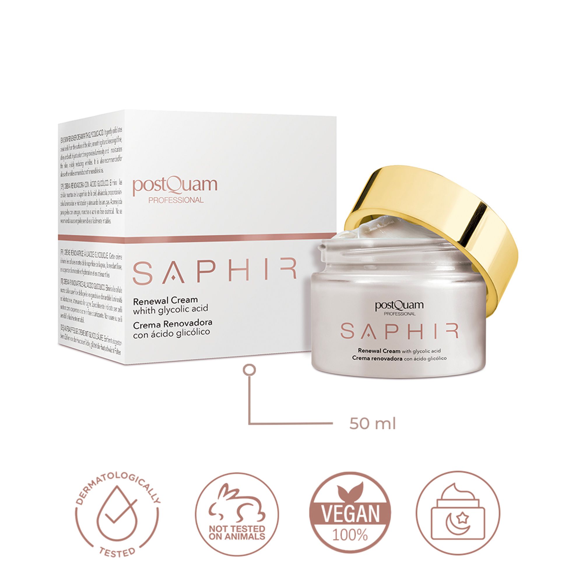 Crèmepot met gouden deksel en doos. Opschrift: Postquam Saphir Renewal Cream. Dermatologisch getest en vegan.