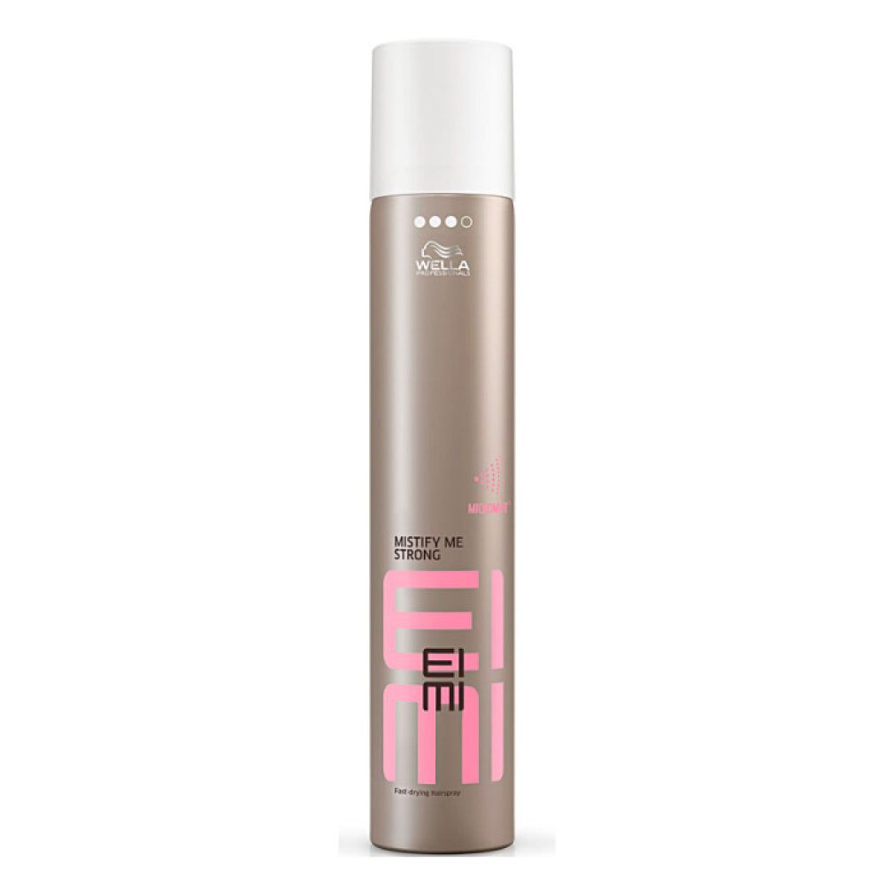 Spray coiffant Wella EIMI Mistify Me Strong dans une boîte dorée avec un capuchon blanc.