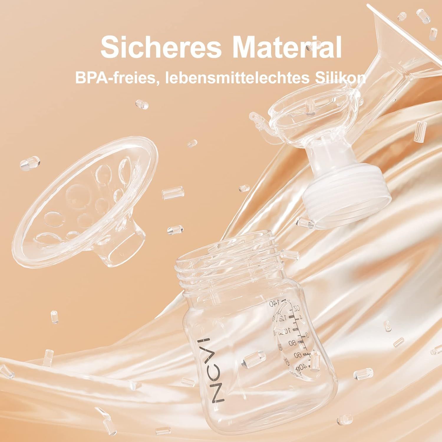 Vue éclatée d'un tire-lait: entonnoir en silicone, flacon et capuchon. Silicone sans BPA.