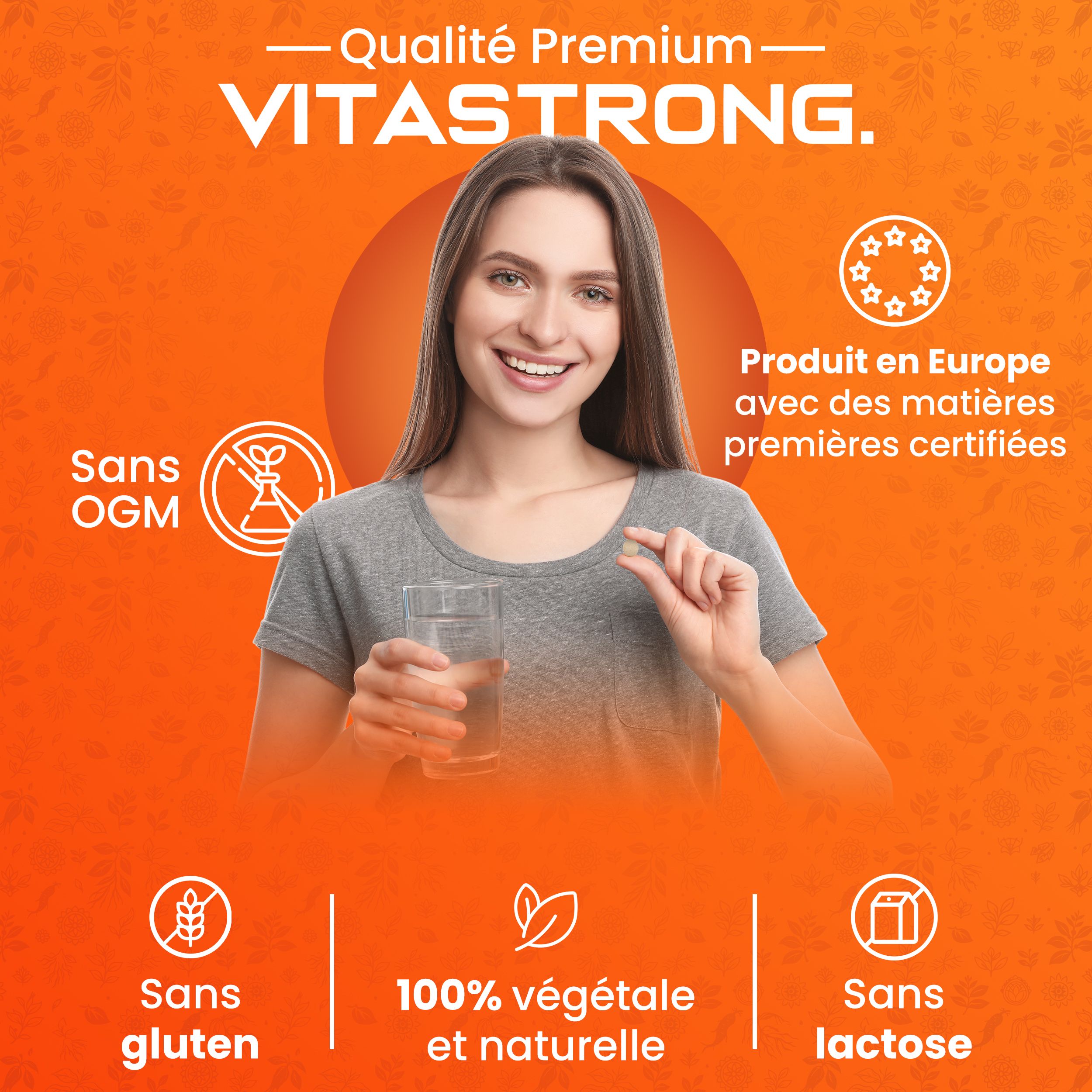 Vrouw houdt tablet en glas water vast. Tekst: Vitastrong, zonder GGO, 100% plantaardig, glutenvrij, lactosevrij.