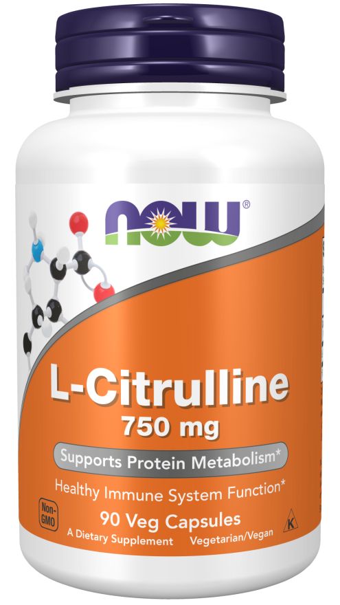 Flacon blanc, bouchon bleu. Étiquette avec logo "NOW", "L-Citrulline" et "750 mg". Contient 90 gélules végétales.