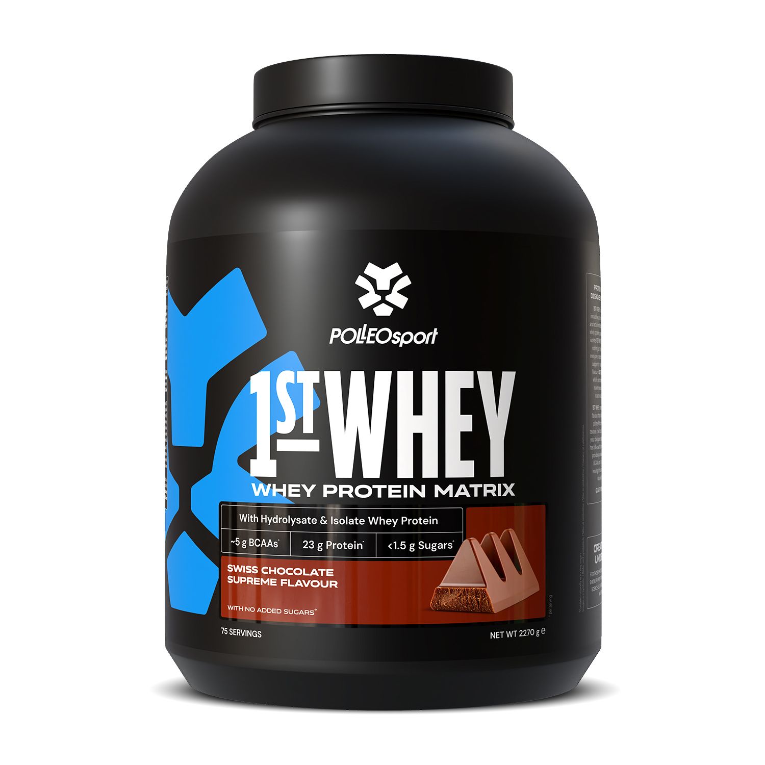 Contenant noir de poudre protéinée Polleo Sport 1st Whey, saveur Swiss Chocolate Supreme.