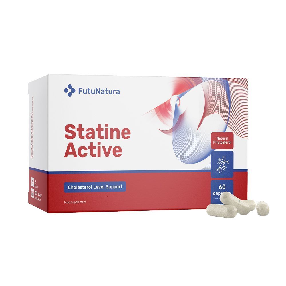 Doos van FutuNatura Statine Active, 60 capsules. Bevat capsules en productinformatie. Ondersteunt cholesterol.