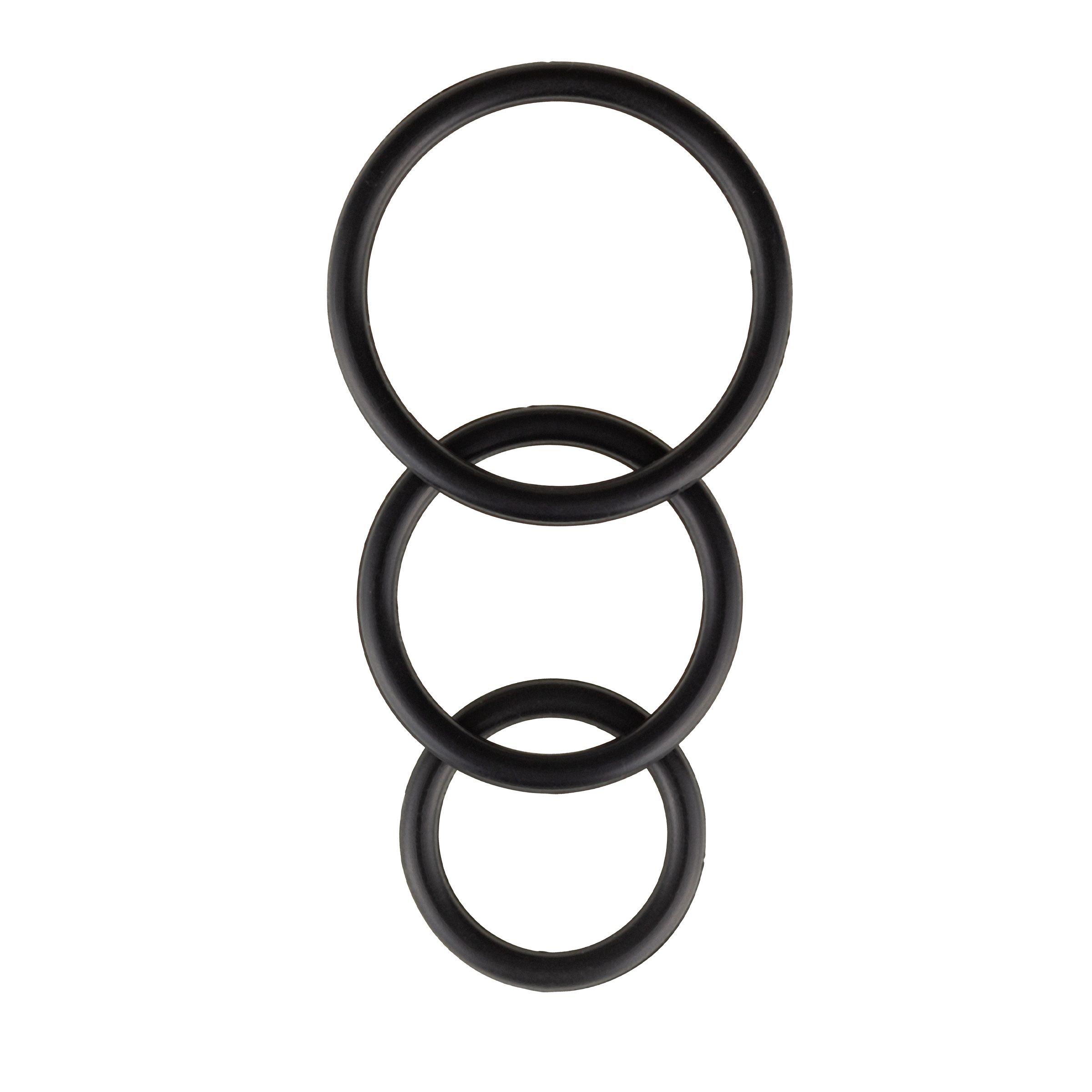 Drie zwarte ringen verbonden. De ringen zijn gemaakt van rubber of een vergelijkbaar materiaal.
