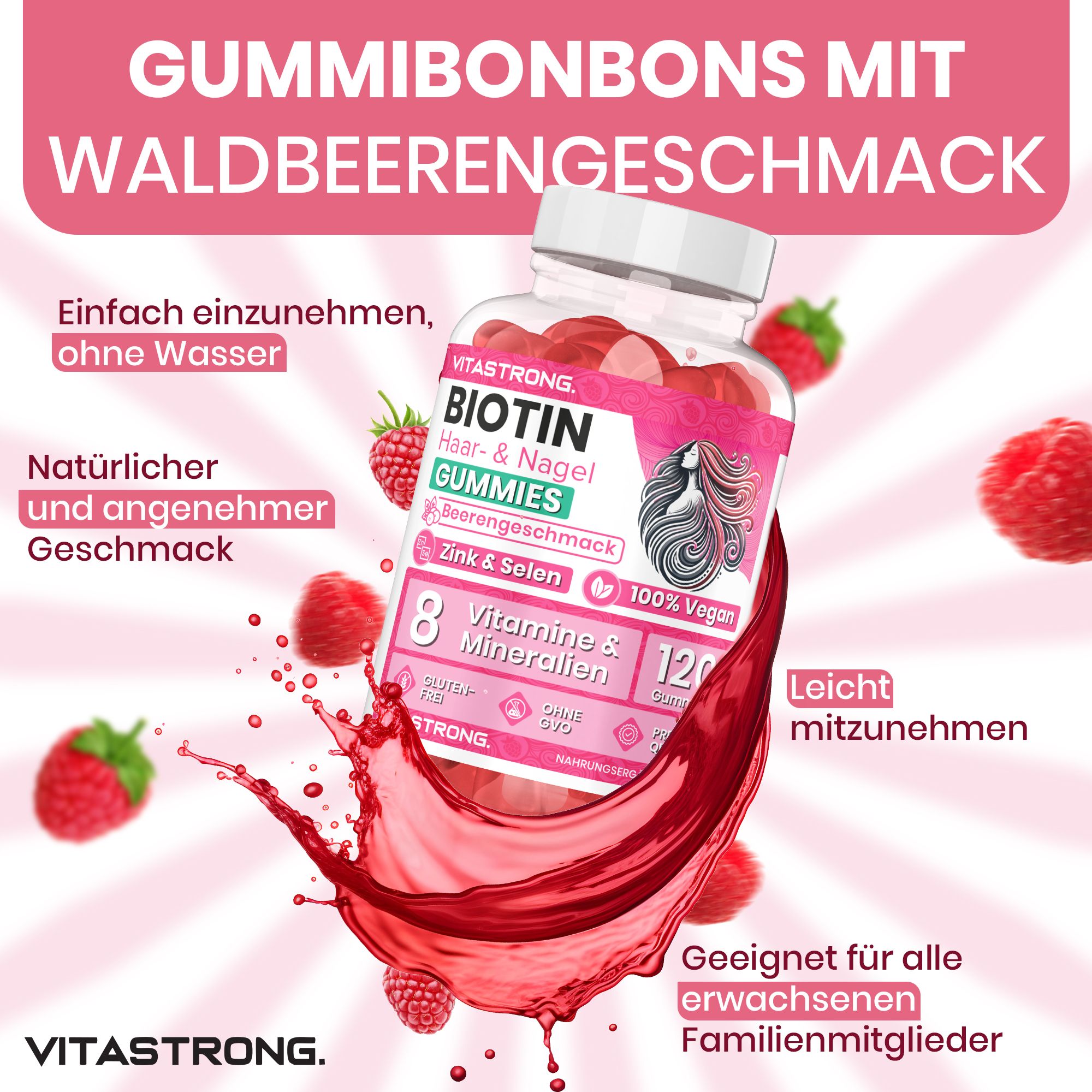 Pot de gummies et éclaboussure de framboise. Texte : Biotine Gummies, 120 gummies, 8 vitamines et minéraux. Goût de fruits des bois.