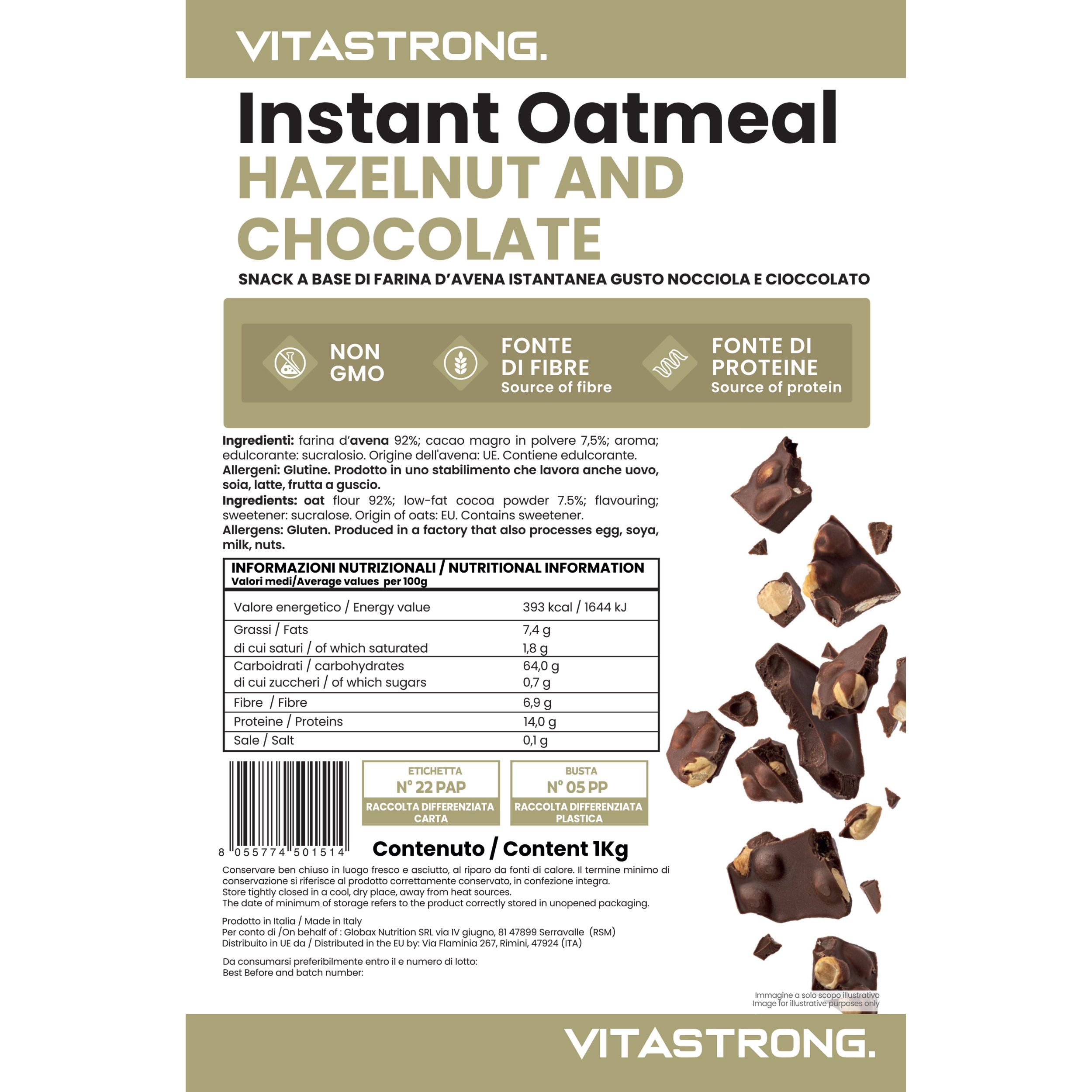 Vitastrong Instant Oatmeal, Hazelnut & Choco. Emballage avec informations nutritionnelles et liste d'ingrédients. Morceaux de chocolat et noisettes.