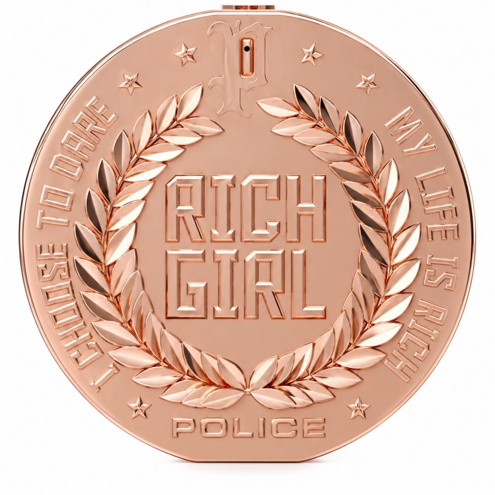 Flacon rose doré avec "Rich Girl" en relief, logo "Police" et couronne de laurier. Inscription "I CHOOSE TO DARE MY LIFE IS RICH".