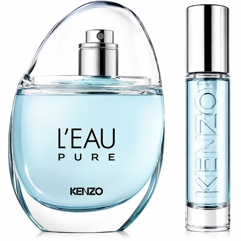 Twee Kenzo L'Eau Pure parfumflessen: een grote druppelvormige fles en een kleinere cilindervormige reisflacon.